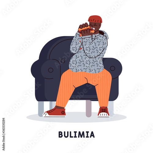 The man suffers from mental disorder - bulimia - uncontrollable urge to eat a many of junk food. Vector illustration isolated on a white background.