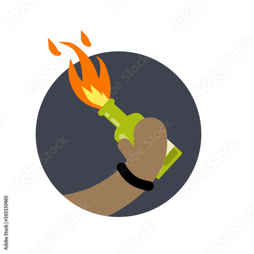 Molotov cocktail. Fire and bottle. Propellant Bomb and Napalm. African-American holds in hand Weapon of revolt and protest. The rebel symbol and riot.