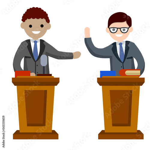 Presidential election. Men are debating at podium. Red versus blue. Characters in costumes talking. Cartoon flat illustration. Speech of politicians