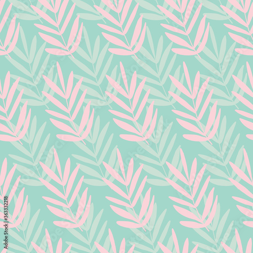 Seamless palm leaf leaves texture pattern. Stylish repeating texture. Trendy. Botanical beach pattern with teal and pink leaves.