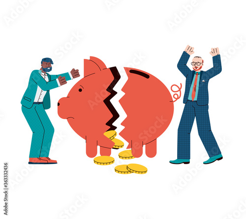 Economic crisis and financial bankruptcy banner with businessmen characters incur losses due to market decline, cartoon vector illustration isolated on white background.