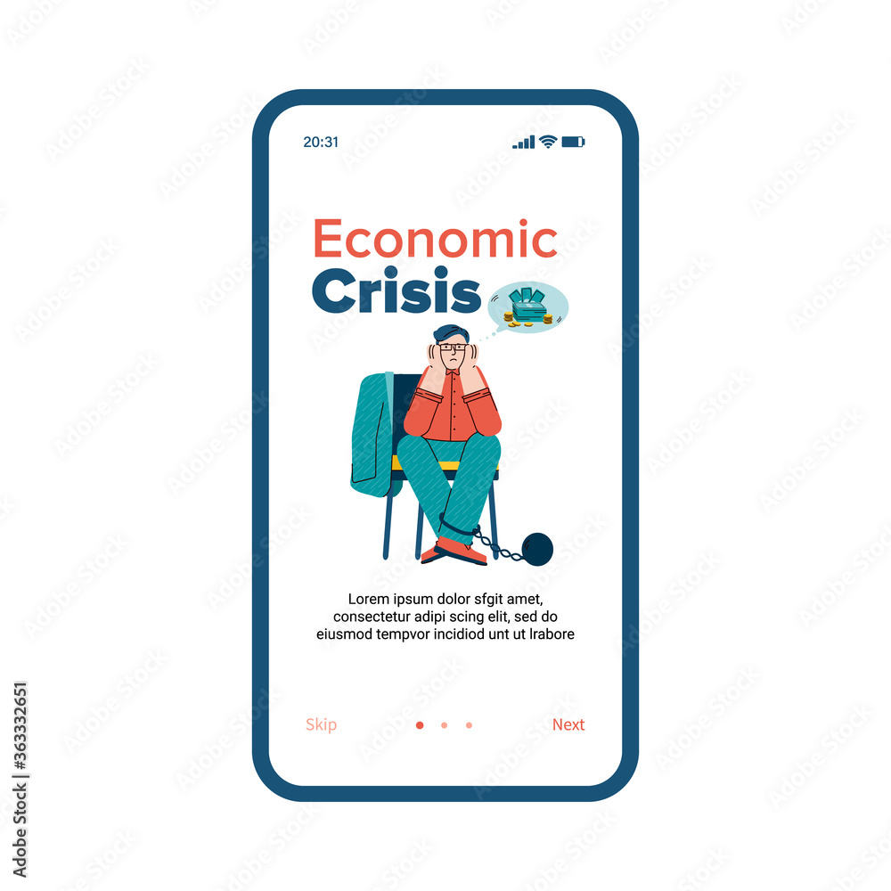 Economic crisis - finance app onboarding banner with sad cartoon man with ball and chain worried about money. Vector illustration of phone screen with bank application. Economic crisis - finance app onboarding banner with sad cartoon man with ball and chain worried about money. Vector illustration of phone screen with bank application.