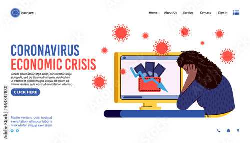 Coronavirus economic crisis web page banner with cartoon character of woman disappointed with business statistics, flat vector illustration on white background.