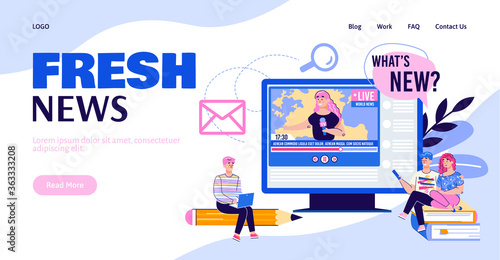 Web page interface for news portal and information agency with people cartoon characters, flat vector illustration. Online news internet mailing landing page.