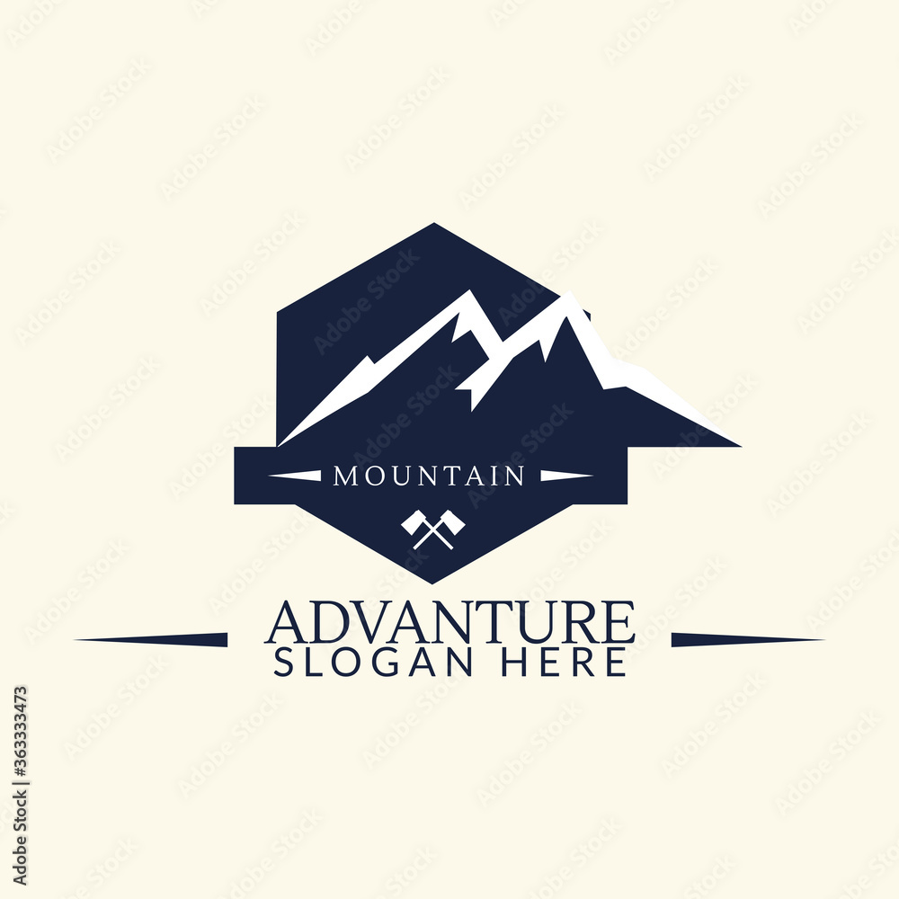 Fototapeta premium Outdoor equipment template logo vector with mountain silhouette