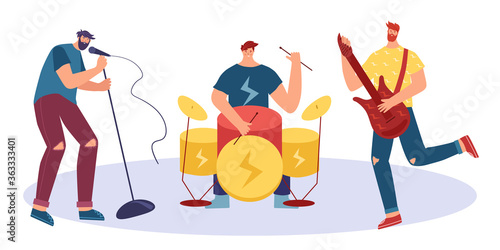 Rock band. A group of young men playing musical instruments. Vector illustration.
