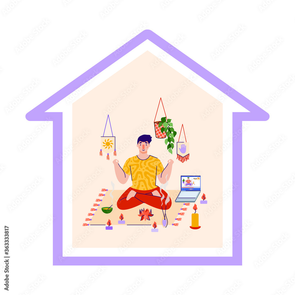 Man cartoon character takes care of himself and meditation staying at home, flat vector illustration isolated on white background. Home activity for wellness and health. Man cartoon character takes care of himself and meditation staying at home, flat vector illustration isolated on white background. Home activity for wellness and health.