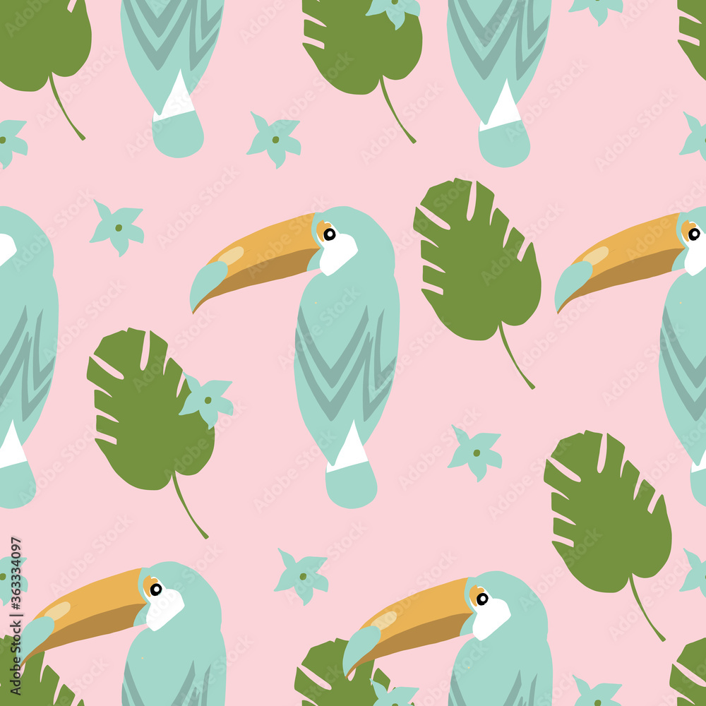 Tropic bird toucan and multicolor parrot on the background exotic lotus flower and palm leaf on pink background. Print summer floral plant. Nature animals wallpaper. Seamless vector pattern Tropic bird toucan and multicolor parrot on the background exotic lotus flower and palm leaf on pink background. Print summer floral plant. Nature animals wallpaper. Seamless vector pattern