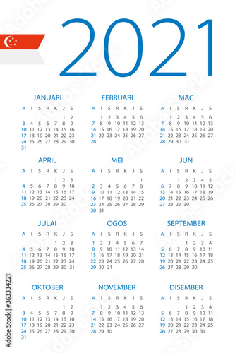 Calendar 2021 - illustration. Singaporean version.Week starts on Sunday