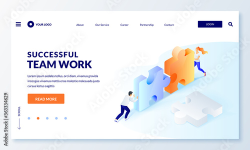 Collaboration, cooperation to achieve business goals. Teamwork and partnership concept. Vector 3d isometric illustration