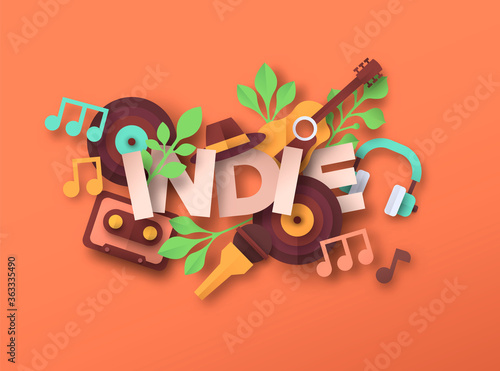 Indie music style papercut musical icon quote