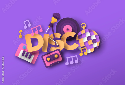 Disco music style papercut musical icon quote
