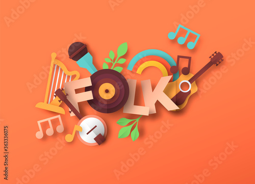 Folk music style papercut musical icon quote