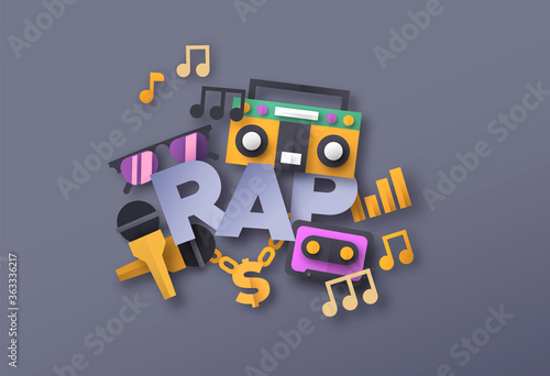 Rap music style quote with papercut musical icon