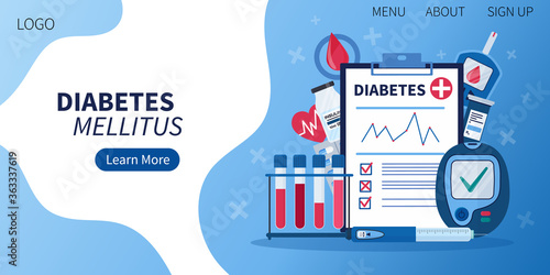 Landing page for diabetes mellitus awareness with flat diabetic infographic elements - insulin pen, tubes, syringe, blood glucose lever testing meter, clipboard with diagnose. Concept of healthcare