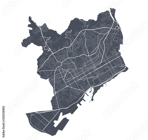 Barcelona map. Detailed map of Barcelona city poster with streets. Dark vector.