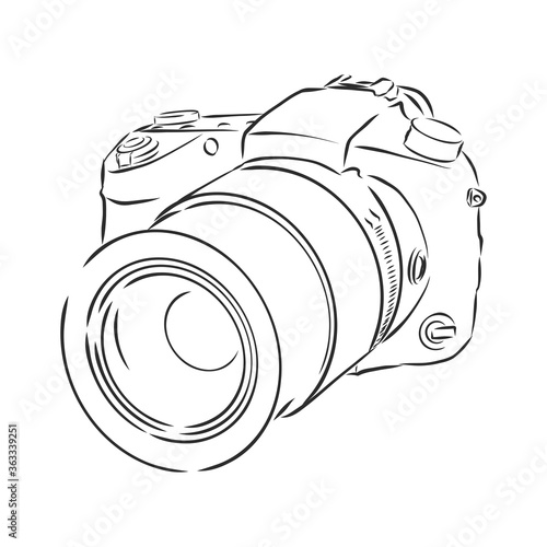 Analog photo camera sketch drawing isolated on white background. camera, vector sketch illustration