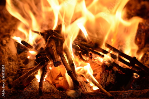 Close up shot of burning firewood in the fireplace.