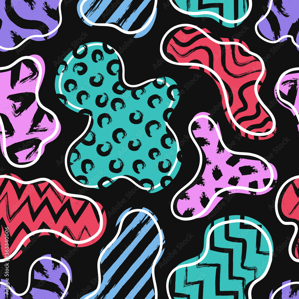 vector colorful freeform and white outlines with rough black brush stroke overlap seamless pattern on black