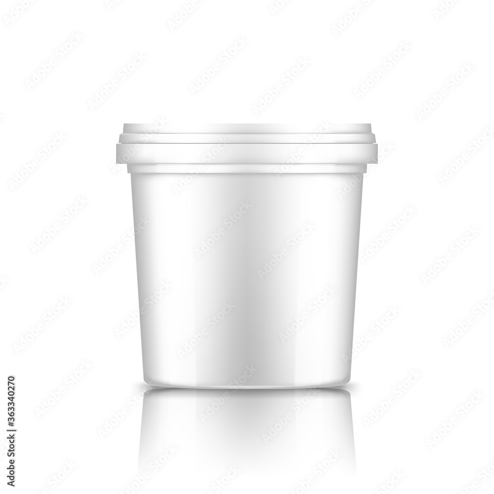 Bucket with cap mockup: ice cream, yoghurt, mayonnaise, paint, or putty container. Plastic package design. Blank food or decor product template. 3d vector illustration isolated on white background Bucket with cap mockup: ice cream, yoghurt, mayonnaise, paint, or putty container. Plastic package design. Blank food or decor product template. 3d vector illustration isolated on white background