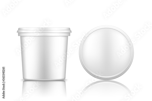 Bucket with cap top view mockup isolated on white background: ice cream, yoghurt, mayo, paint, or putty container. Plastic package design. Blank food or decor product template. 3d vector illustration