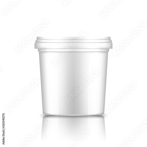 Bucket with cap mockup: ice cream, yoghurt, mayonnaise, paint, or putty container. Plastic package design. Blank food or decor product template. 3d vector illustration isolated on white background