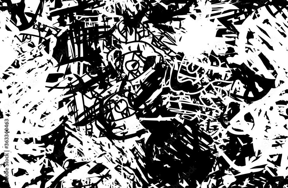 Grunge background black and white. Texture of chips, cracks, scratches, scuffs, dust, dirt. Dark monochrome surface. Old vintage vector pattern