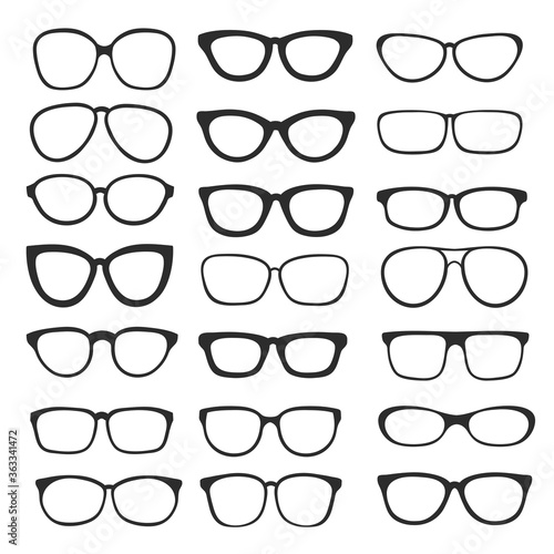 Big set of glasses icon shape for design element on white, stock vector illustration