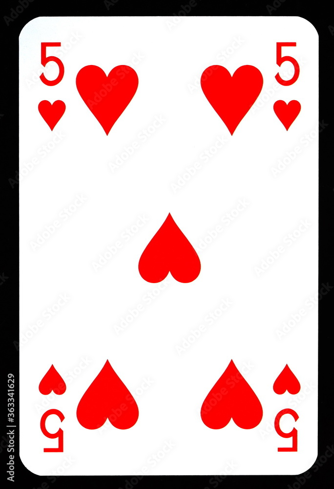 Obraz premium Fve of hearts playing card isolated on black.
