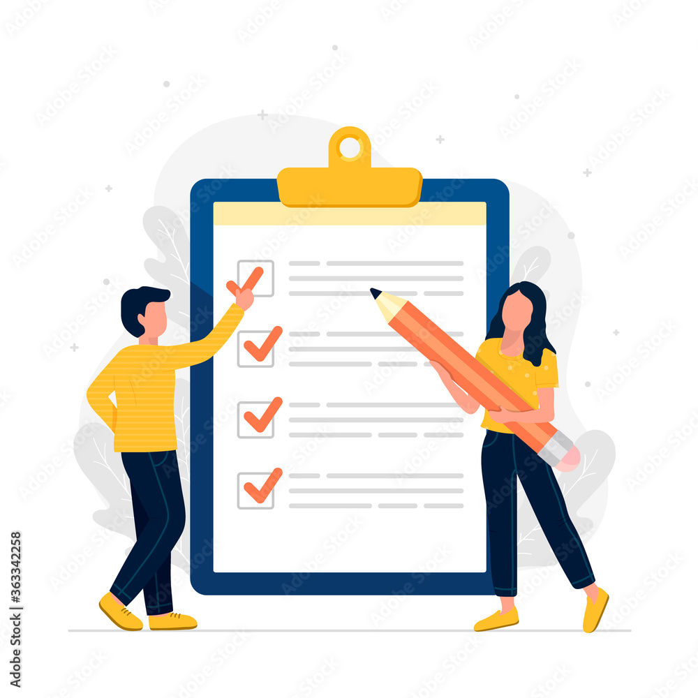To do list and planning checklist concept. little people holding giant pencil, checking on paper to do list, daily task or agreement, vector illustration - obrazy, fototapety, plakaty 