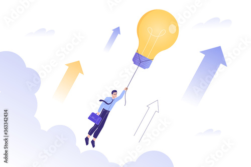 Innovation Concept. Business man flying with light bulb. Business growth. Motivation and Success. Achievement, developing business in successful way. Move up. Modern isolated vector illustration