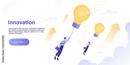 Innovation Concept. Business man flying with light bulb. Business growth. Motivation and Success. Landing page, website template. Home page design. Modern isolated vector illustration for web banner