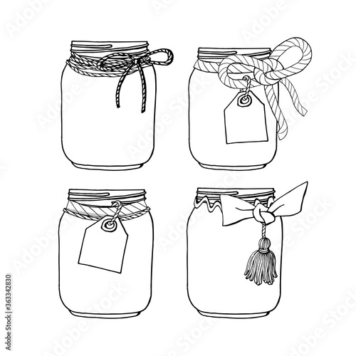 Set of hand drawn mason jars with bows and tags. Stock vector illustration