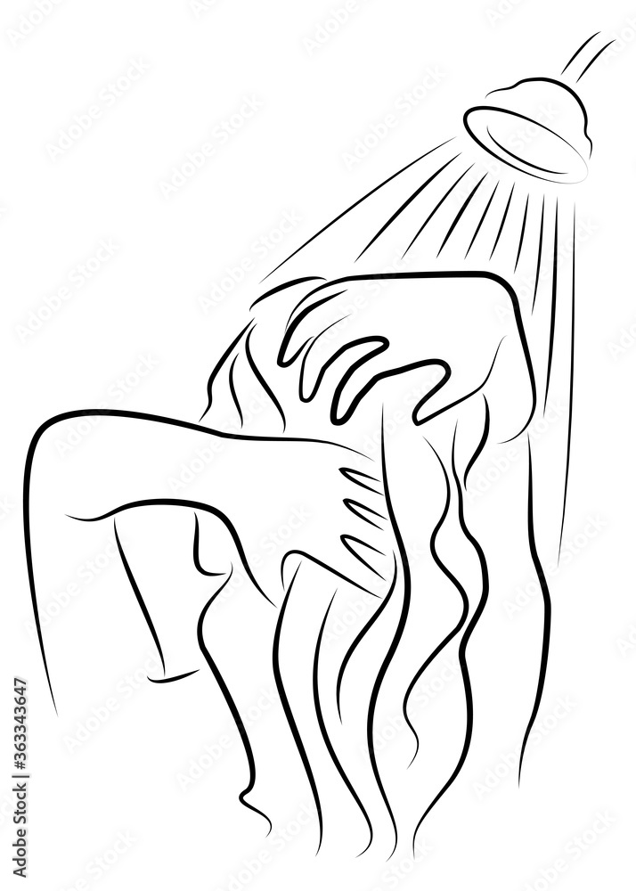 Silhouette of a beautiful young lady. The girl washes under the shower water. A woman washes her hair, her head with shampoo. Vector illustration Silhouette of a beautiful young lady. The girl washes under the shower water. A woman washes her hair, her head with shampoo. Vector illustration