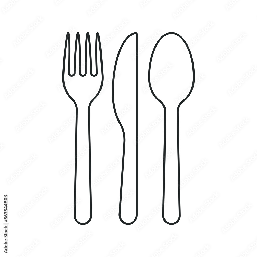 Fork knife and spoon icon logo. Simple flat shape restaurant or cafe place sign. Kitchen and diner menu symbol. Vector illustration image. Black silhouette isolated on white background. Fork knife and spoon icon logo. Simple flat shape restaurant or cafe place sign. Kitchen and diner menu symbol. Vector illustration image. Black silhouette isolated on white background.