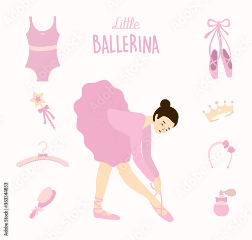 Little ballerina set, Cute ballet dance accessorie decoration concept. Beautiful pink dress. crown, tiara, tutu, pointe shoes, hanger, magic wand. Hand drawn cartoon style vector flat illustration.