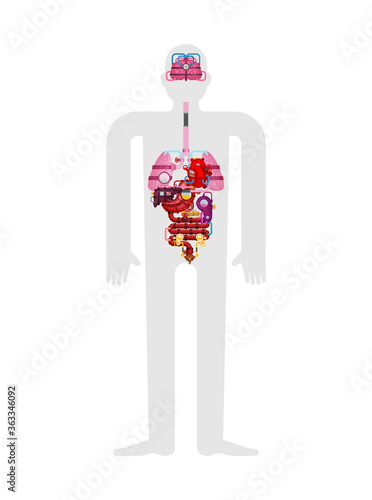 Metal Human anatomy organs. Artificial organ. Cybernetics future. Robot Systems of man body. Robotic  Internal organs. Iron Cyborg Esophagus Organs systems body. medical systems. vector illustration