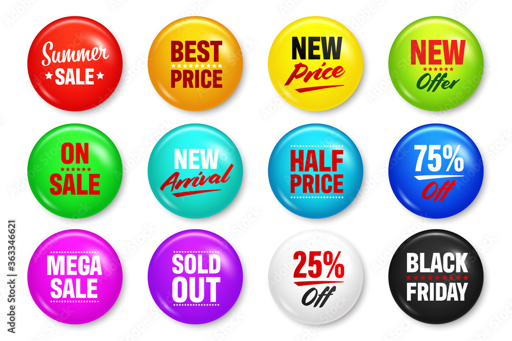 Realistic badges with text. Product promotion, sale. Special offer. Glossy round button. Pin badge mockup. Vector illustration. Realistic badges with text. Product promotion, sale. Special offer. Glossy round button. Pin badge mockup. Vector illustration.
