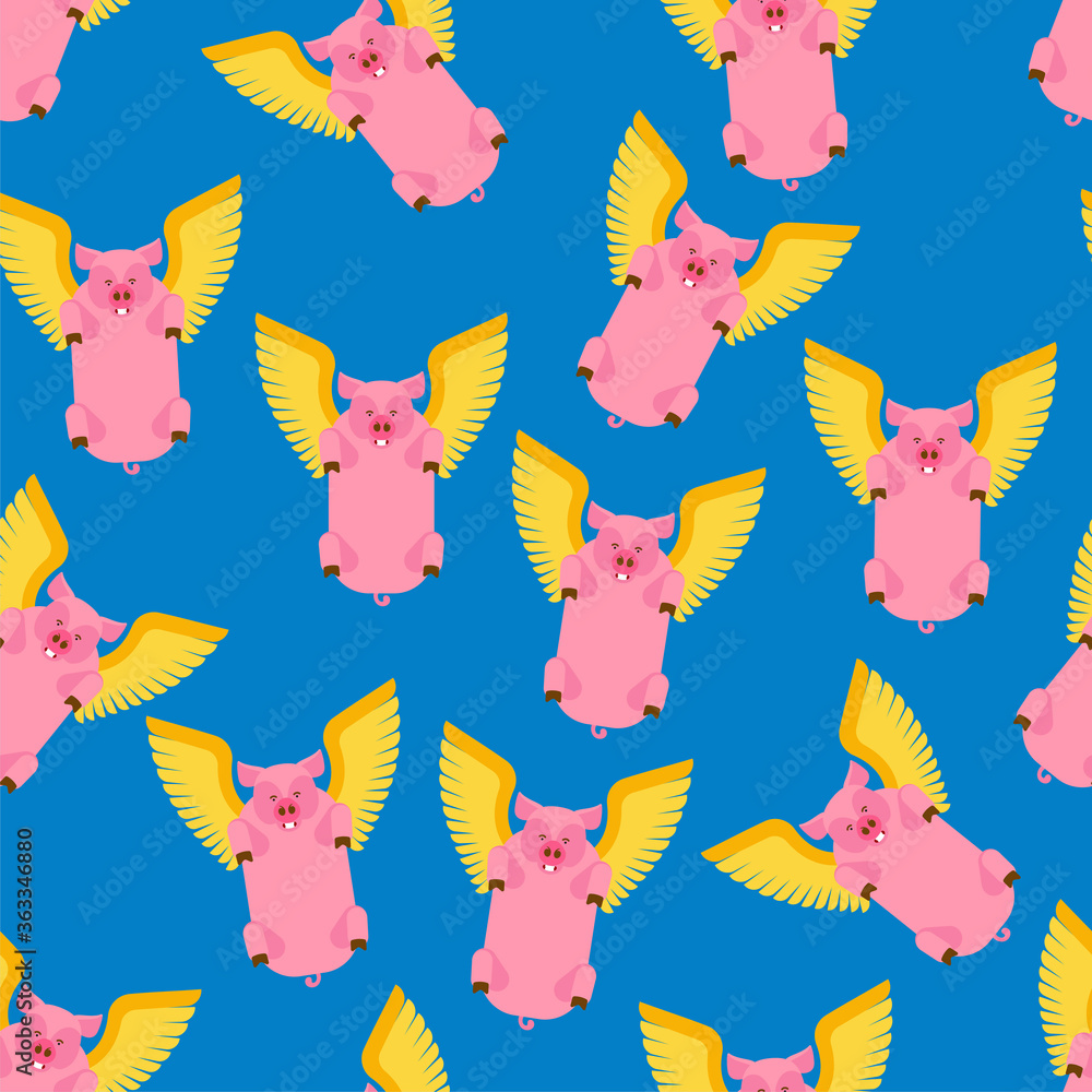 Flying pig pattern seamless. Piglet with wings background. Baby fabric texture. vector illustration Flying pig pattern seamless. Piglet with wings background. Baby fabric texture. vector illustration