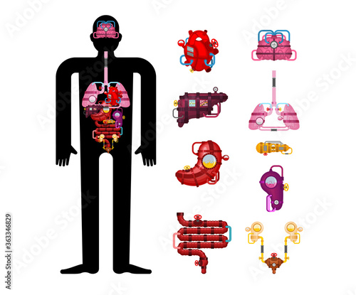 Metal Human anatomy organs. Artificial organ. Cybernetics future. Robot Systems of man body. Robotic  Internal organs. Iron Cyborg Esophagus Organs systems body. medical systems. vector illustration