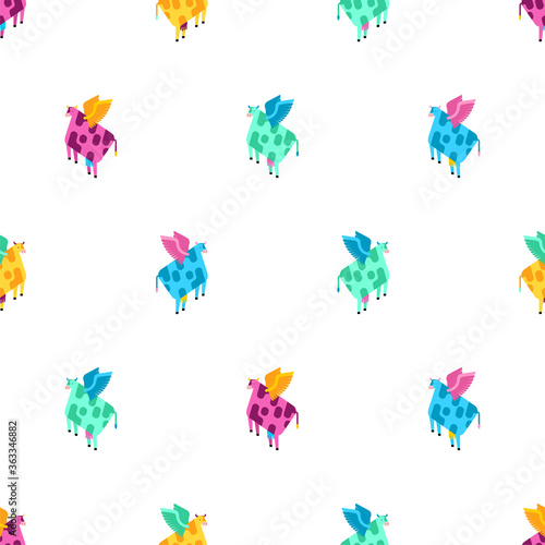 Flying cow pattern seamless. beef with wings background. Baby fabric texture. vector illustration