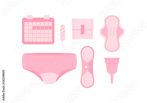 Sanitary napkin, women menstrual pad, calendar, tampon, reusable pad, menstrual cup underpants icon vector set isolated on white background. Flat design cartoon illustration feminine intimate product.