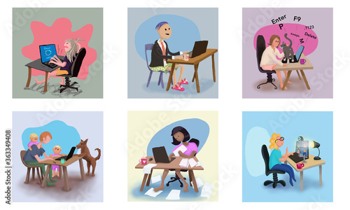 Collection of illustrations of people working from home