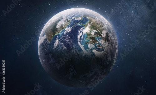 Fototapeta Naklejka Na Ścianę i Meble -  Earth planet globe in outer space. Orbit and atmosphere. Blue marble. Elements of this image furnished by NASA