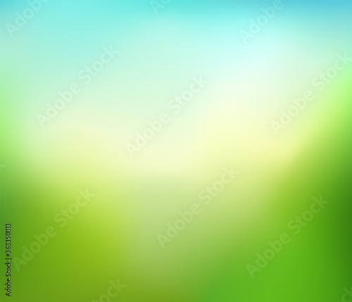 Abstract nature blurred background. Green yellow gradient backdrop with sunlight. Ecology concept for your graphic design, banner or poster. Vector illustration