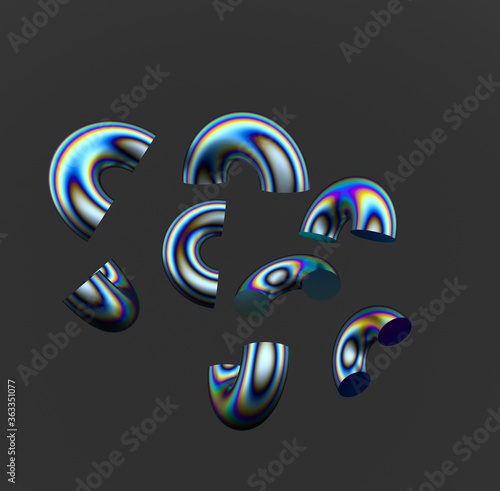 Surreal minimalist composition of holographic torus slices on black background. Conceptual 3D rendered illustration for contemporary modern art subject.