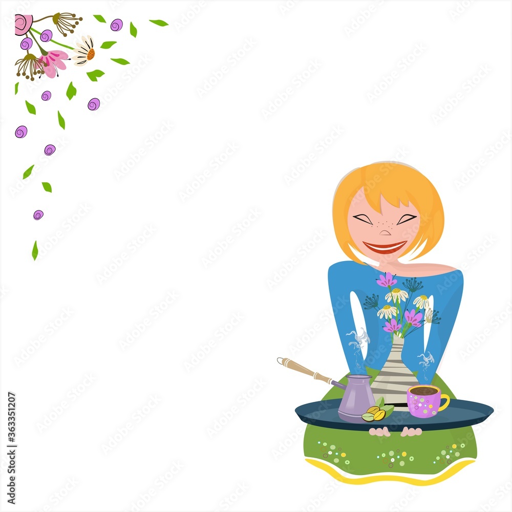 Fototapeta premium Girl holds a tray with morning coffee. Woman, coffee, vase, flowers. Vector composition with place for your text.