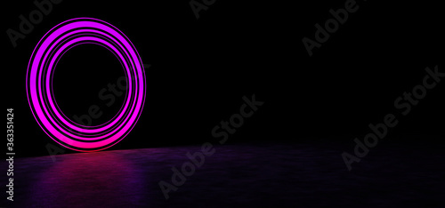 Glowing circle of purple in dark space. Glowing object in dark space. Glowing pink circle consisting of lines of different thickness.. 3D Render