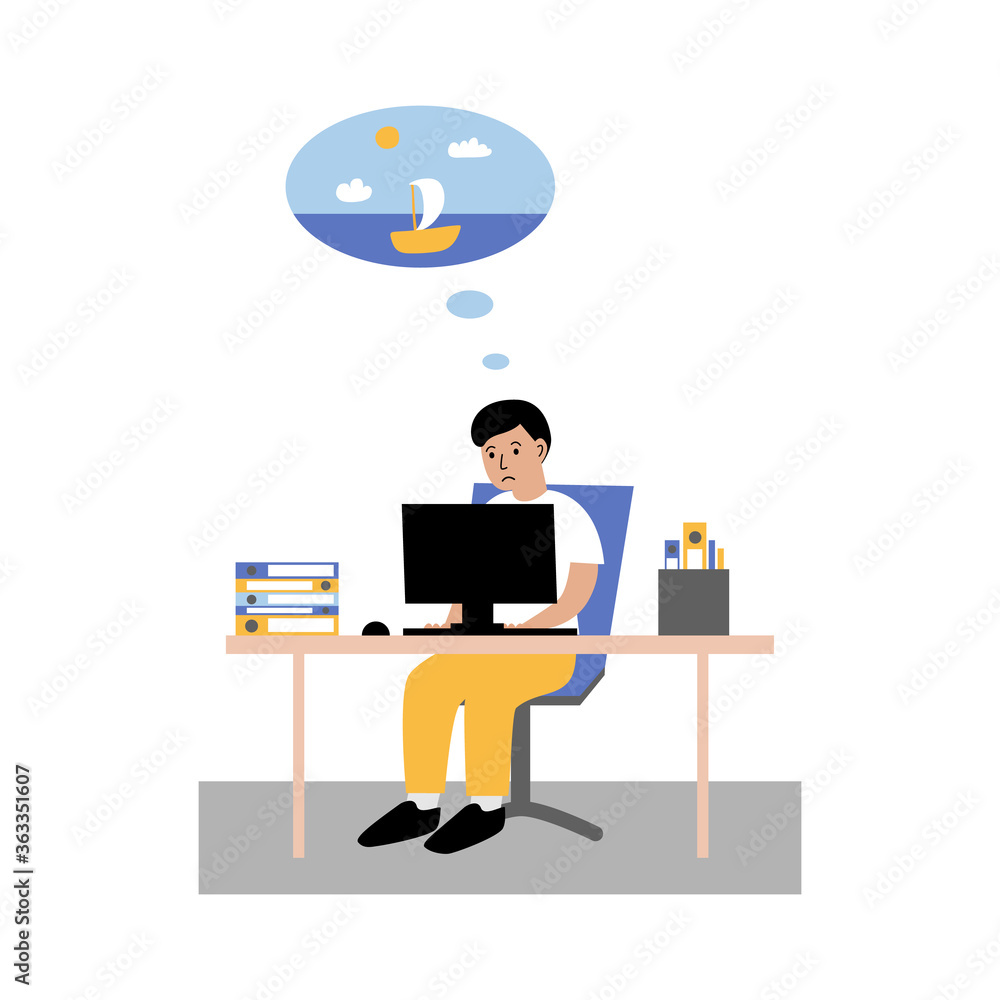 Tired male office employee feeling bad stays late on workplace and dreams about vacation. Young man sitting in front of computer on his workplace surrounded by folders and work papers. Flat vector