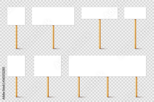 Blank protest sign with wooden holder. Realistic vector demonstration banner. Strike action cardboard placard mockup.